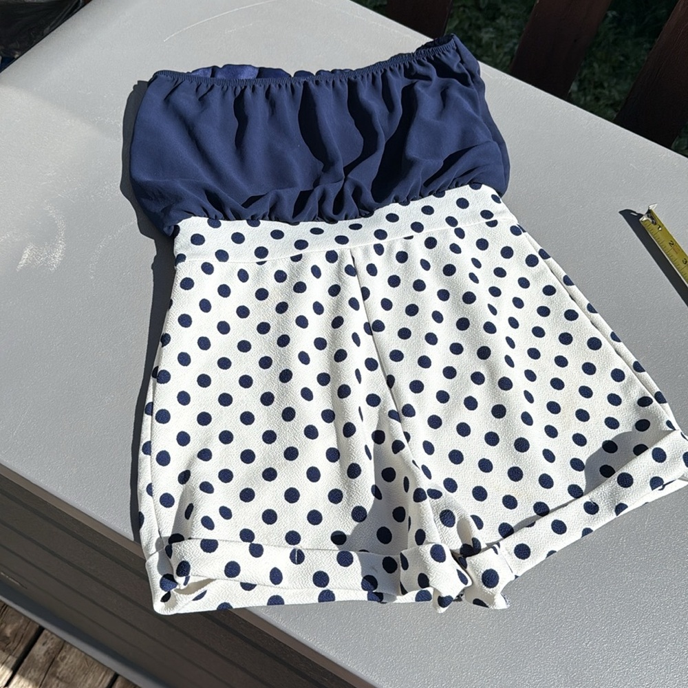 Blue Mint polka dot halter  one piece romper size Lg very strechy with pockets